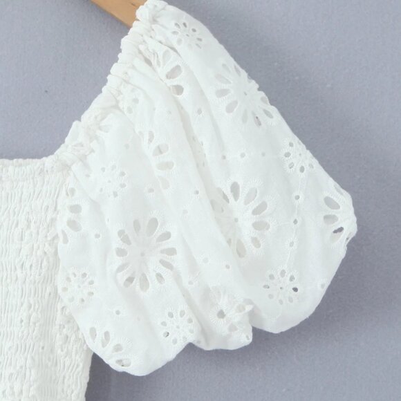 Women White Embroidery Hollow Out Hole Flower Short Puff Sleeve Mini Dress - Picture 5 of 16
